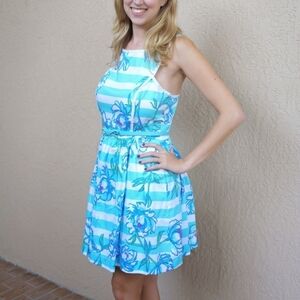 Lilly Pulitzer Sandrine Dress Shorely Blue Floral Striped Tossing the Line Sz 4